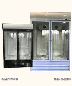 Refrigerador vertical de 2 puertas de vidrio, 130 cm de ancho, color blanco